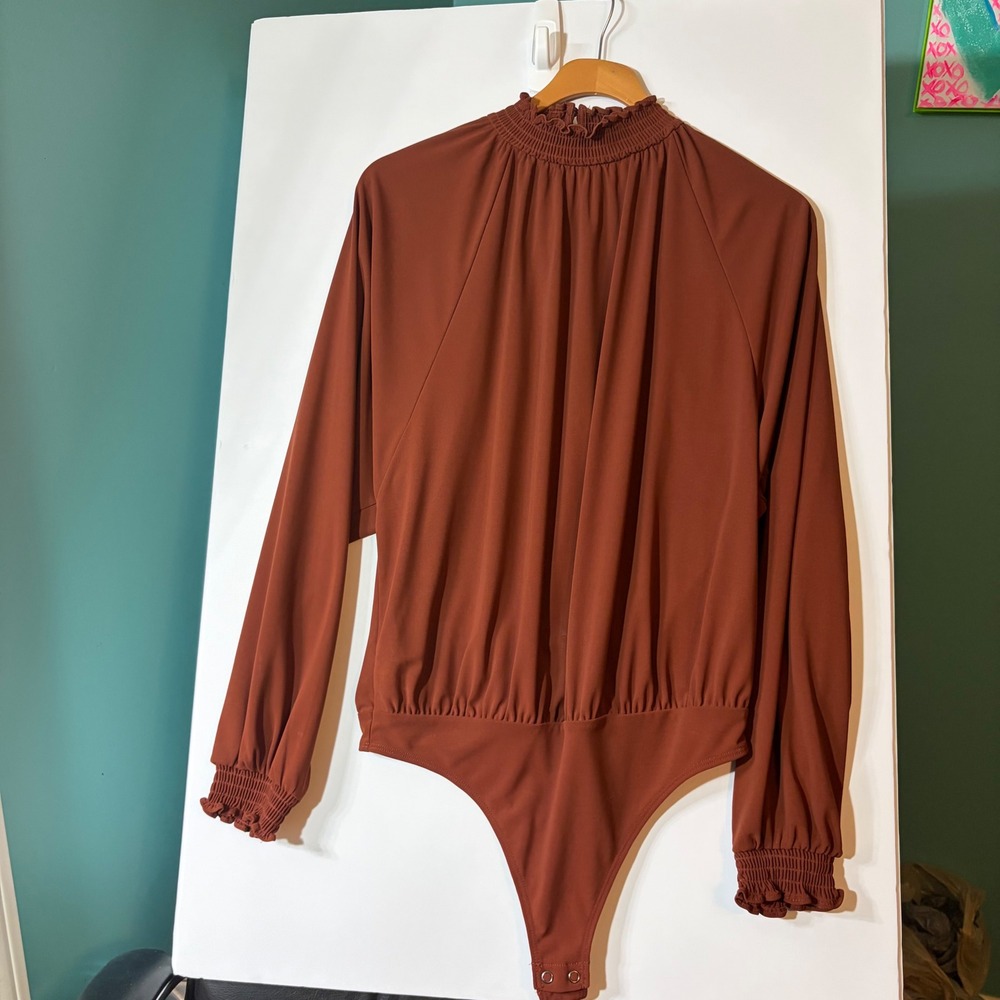 Express Rust Brown Smocked High Neck Long Sleeve Bodice Bodysuit‎ Small